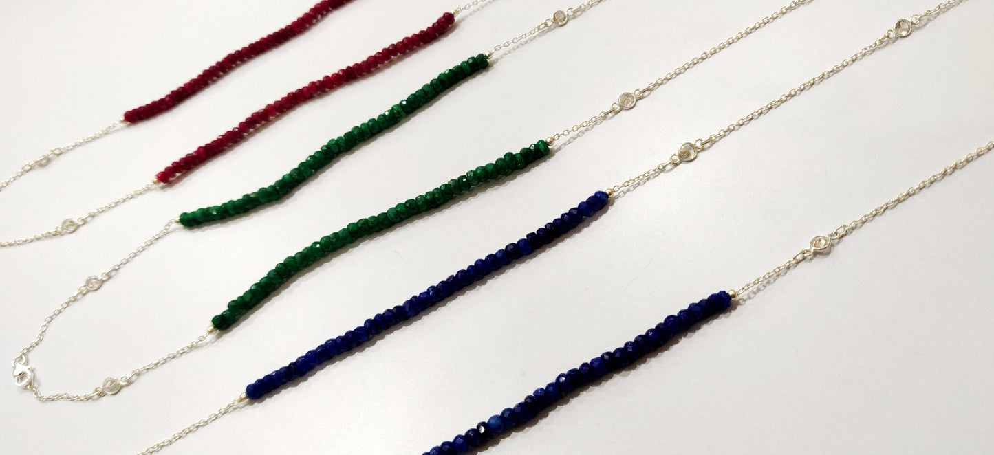 Natural Precious Gemstone 4mm Rondelle faceted Beaded Sterling Silver Necklace 34 Inches Ruby Sapphire Emerald CZ connector Link Necklace