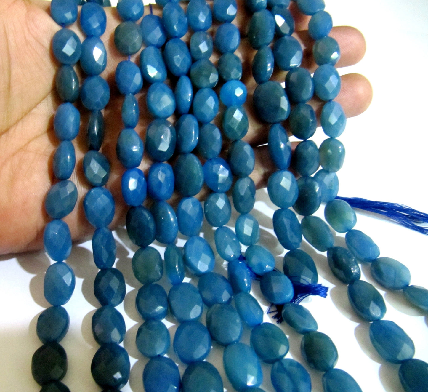 Natural Blue Chalcedony Oval shape Briolette Faceted 10x12mm to 12x15mm Size Beads Strand 10 Inches long Wholesale Price jewelry making Bead