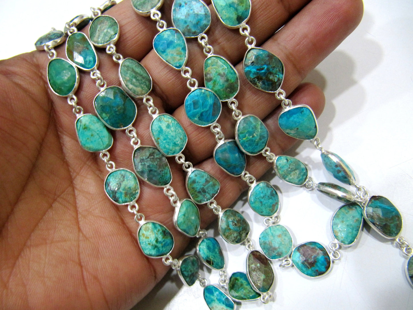 Natural Chrysocolla Briolette faceted Size 10 to 15mmConnector Bezel Chain Uneven Free Shape Sold Per Foot Wholesale Prices