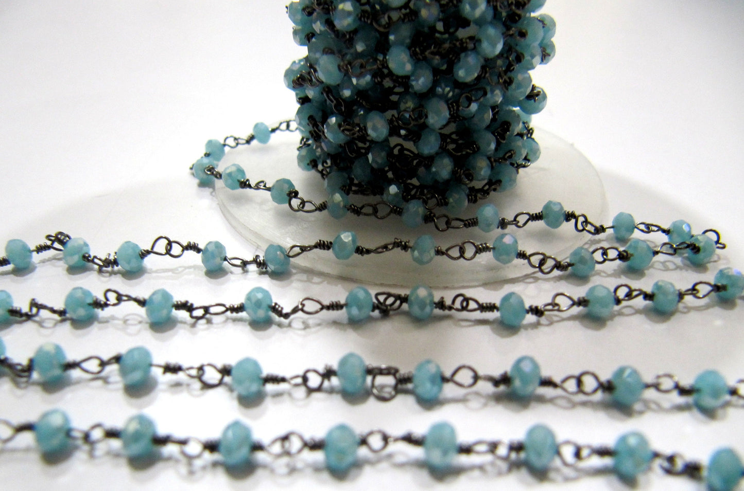 Mystic Aqua Chalcedony Rondelle Faceted 3-4mm Size Hydro Quartz Aati Chain Wire Wrapped Beads sold per foot Wholesale Prices