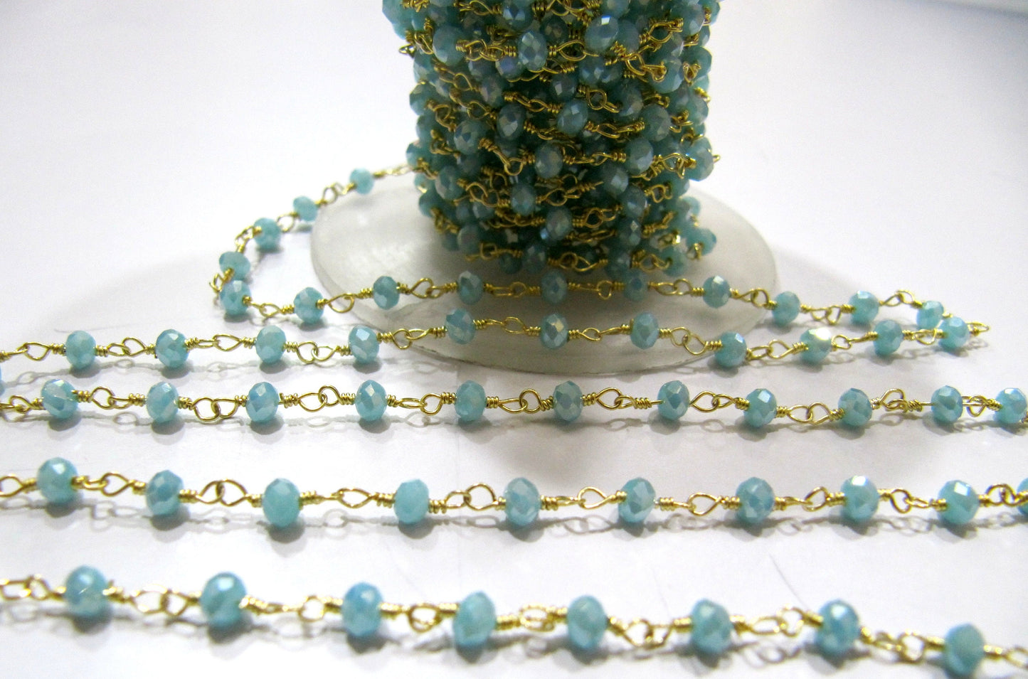 Mystic Aqua Chalcedony Rondelle Faceted 3-4mm Size Hydro Quartz Aati Chain Wire Wrapped Beads sold per foot Wholesale Prices
