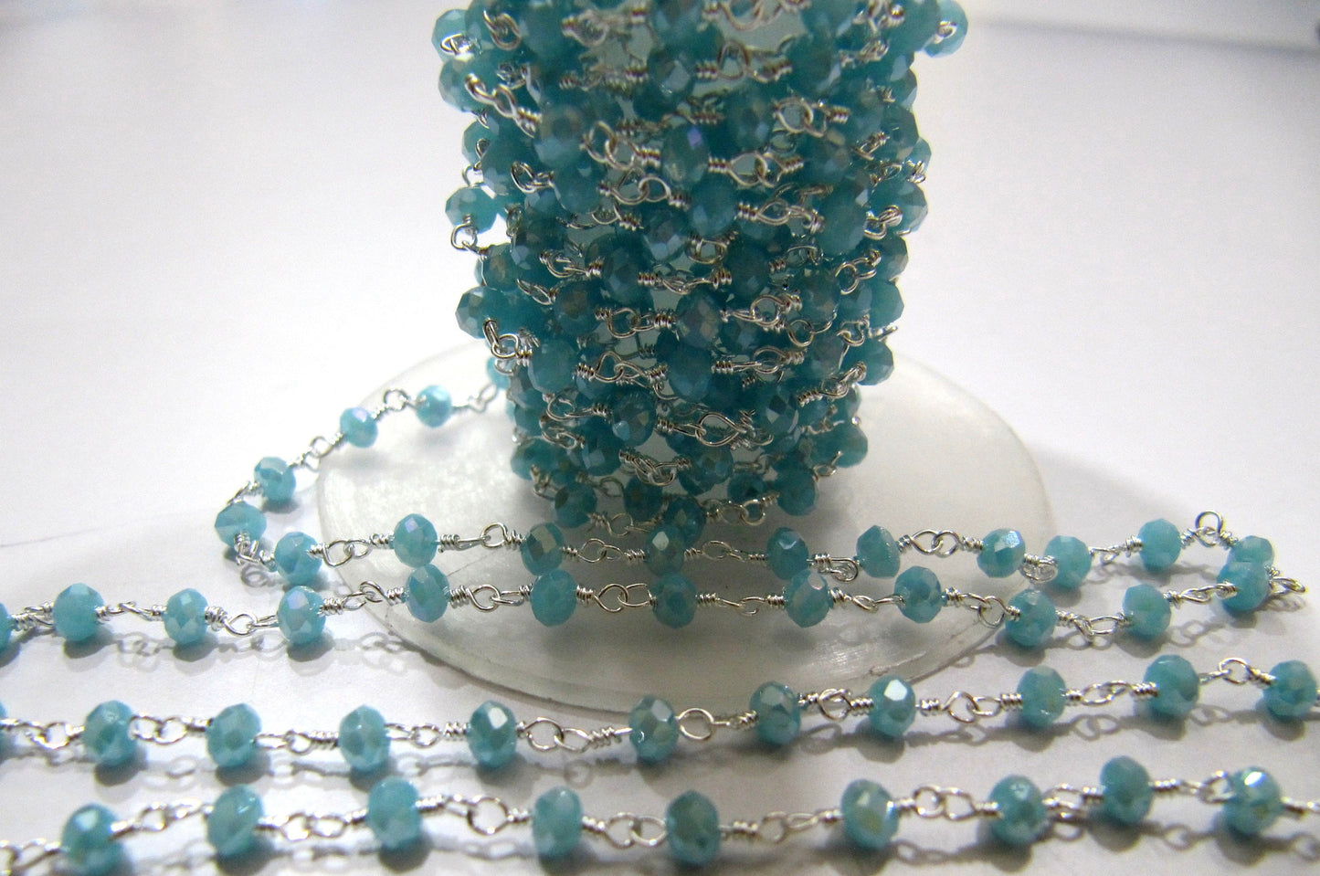 Mystic Aqua Chalcedony Rondelle Faceted 3-4mm Size Hydro Quartz Aati Chain Wire Wrapped Beads sold per foot Wholesale Prices