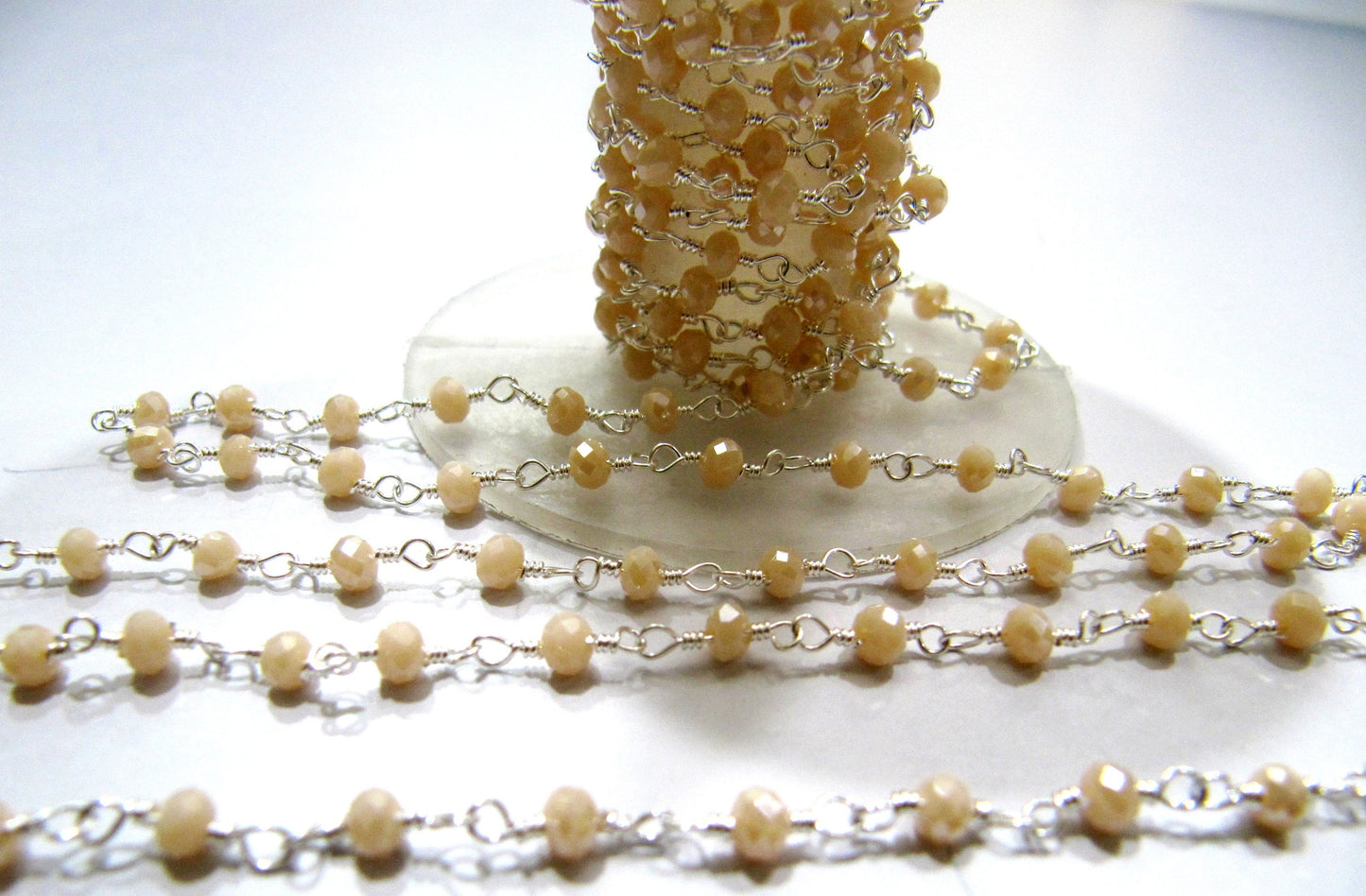 1 Foot-: Mystic Coated Pink Chalcedony Hydro Quartz Rondelle Faceted 3-4mm Size beaded Wire Wrapped Rosary Chain Wholesale prices