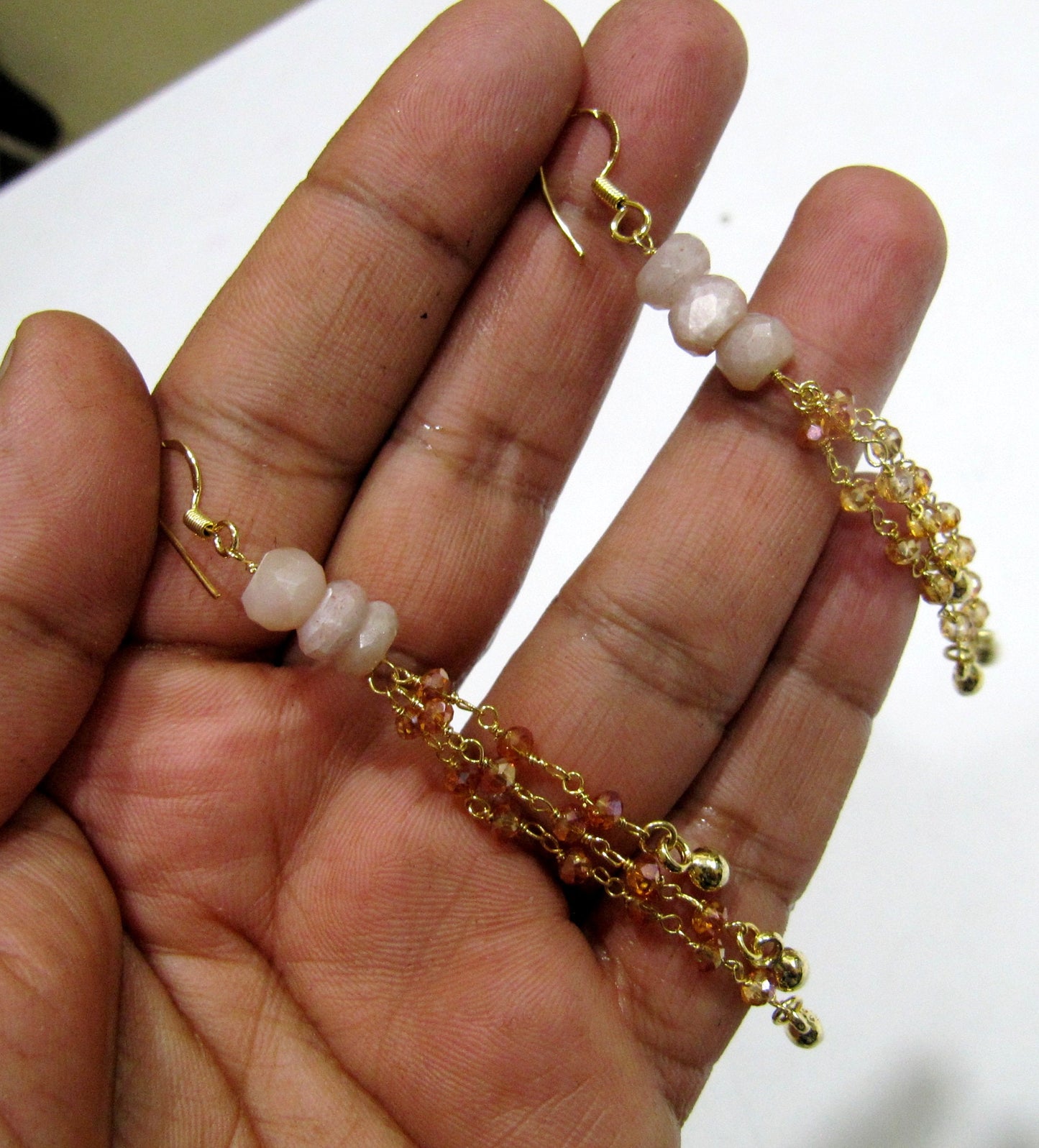 Handmade Beaded Earrings Natural Peach Moonstone Rondelle Faceted 7-8mm Gemstone Beads Gold Plated Dangling Earring hand crafted Jewelry