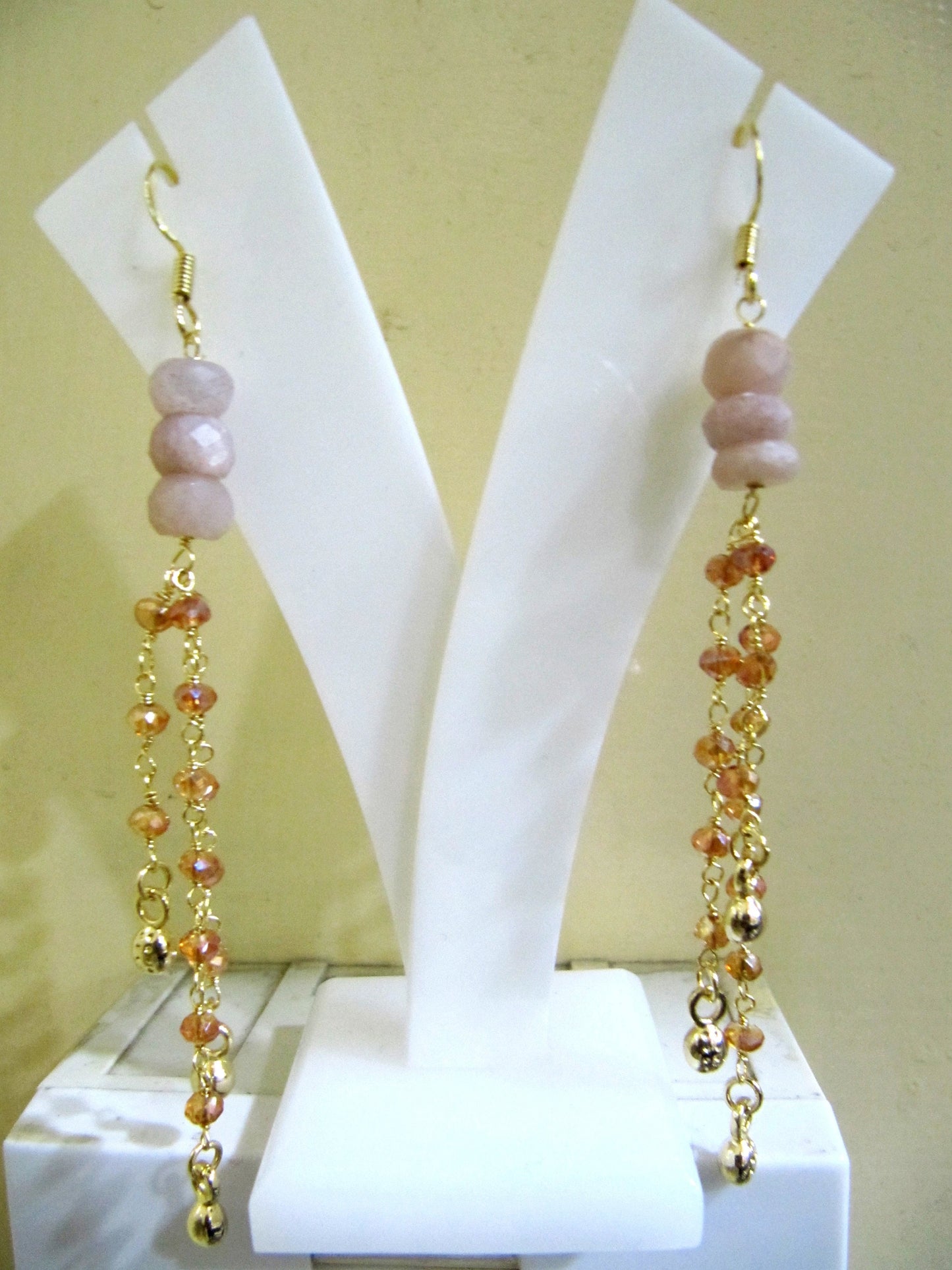 Handmade Beaded Earrings Natural Peach Moonstone Rondelle Faceted 7-8mm Gemstone Beads Gold Plated Dangling Earring hand crafted Jewelry