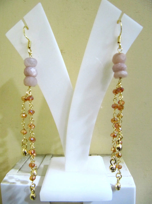 Handmade Beaded Earrings Natural Peach Moonstone Rondelle Faceted 7-8mm Gemstone Beads Gold Plated Dangling Earring hand crafted Jewelry
