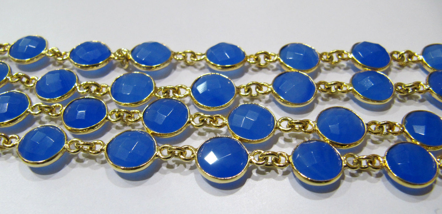 Blue Chalcedony Round Coin Shape 9mm Size Briolette Faceted Bezel Connector Chain Sold Per Foot Wholesale Price Jewelry Making Chain