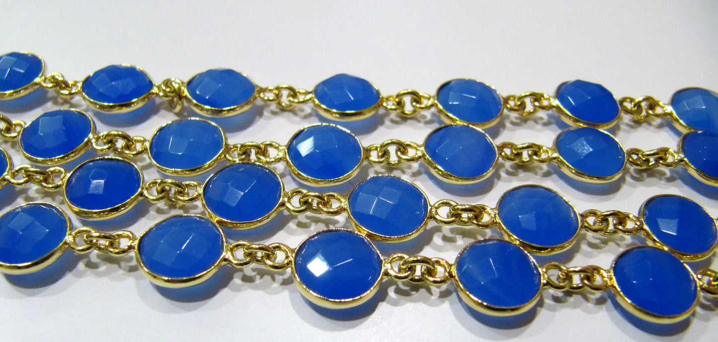 Blue Chalcedony Round Coin Shape 9mm Size Briolette Faceted Bezel Connector Chain Sold Per Foot Wholesale Price Jewelry Making Chain