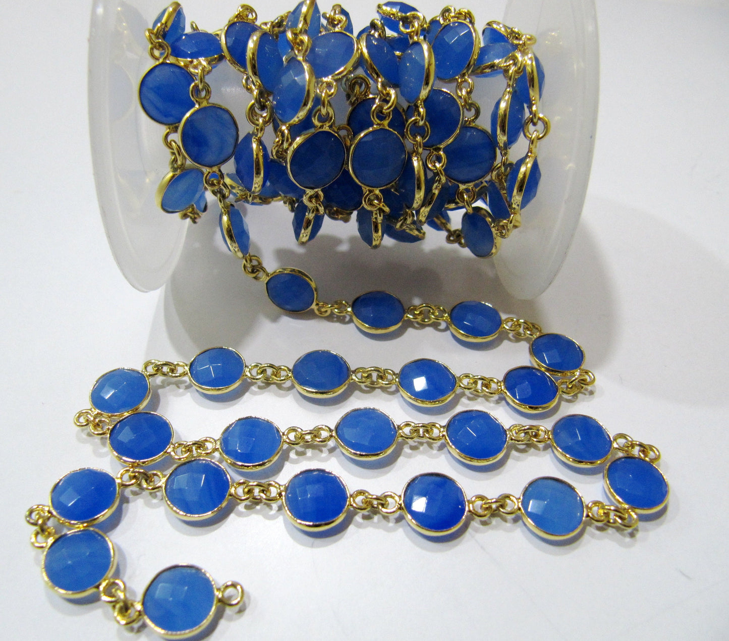 Blue Chalcedony Round Coin Shape 9mm Size Briolette Faceted Bezel Connector Chain Sold Per Foot Wholesale Price Jewelry Making Chain