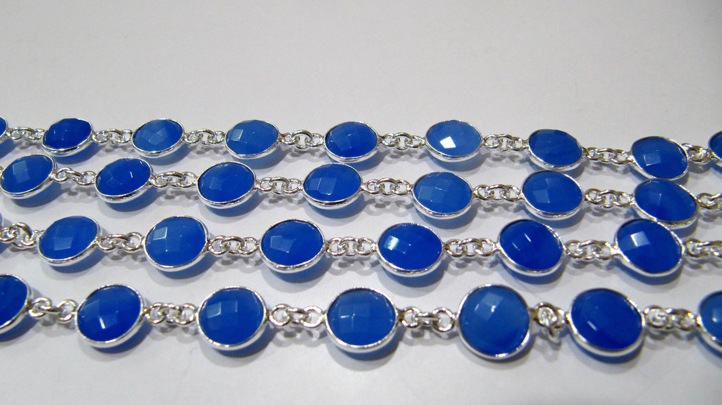 Blue Chalcedony Round Coin Shape 9mm Size Briolette Faceted Bezel Connector Chain Sold Per Foot Wholesale Price Jewelry Making Chain