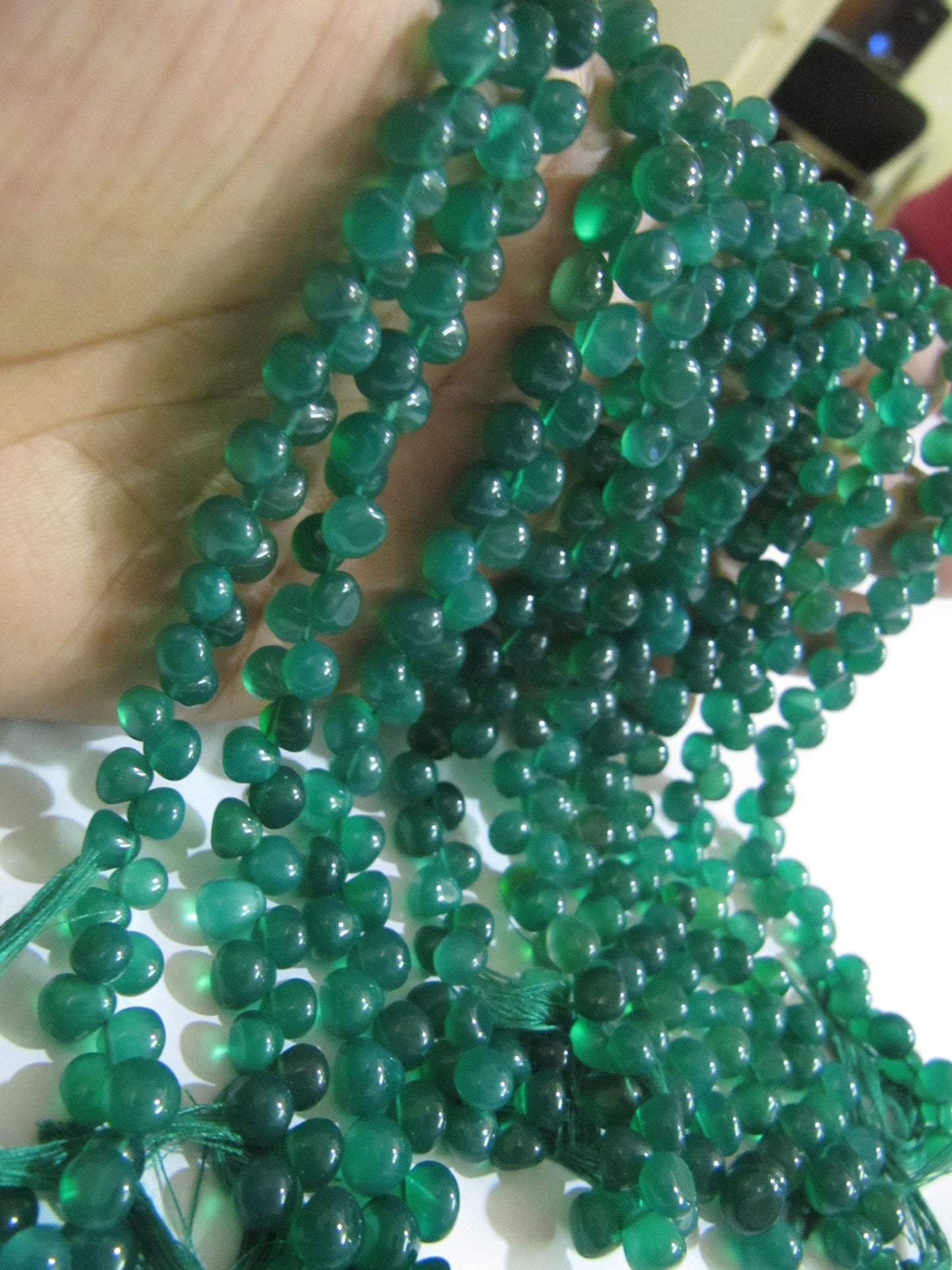 Natural Green Onyx Onion Shape Plain Smooth 6 to 8mm Size Side Drilled Beads Strand 8 Inches Long Wholesale Prices Jewelry making beads