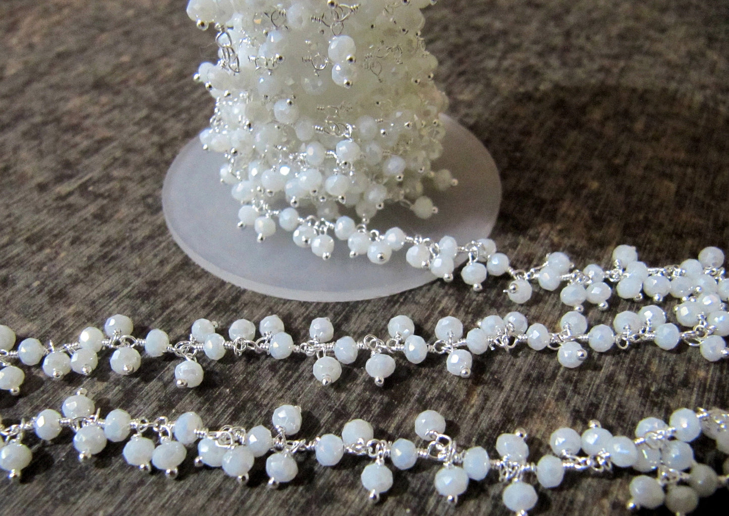 White Chalcedony Rondelle Faceted Beaded Dangling Thick  Chain 3mm Size White Hydro Quartz Bead Rosary Chain Wholesale Prices sold per foot