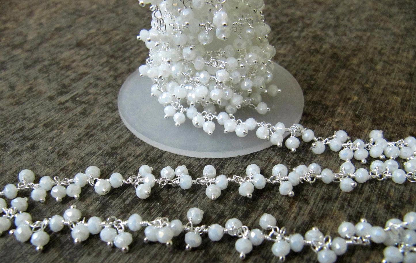 White Chalcedony Rondelle Faceted Beaded Dangling Thick  Chain 3mm Size White Hydro Quartz Bead Rosary Chain Wholesale Prices sold per foot