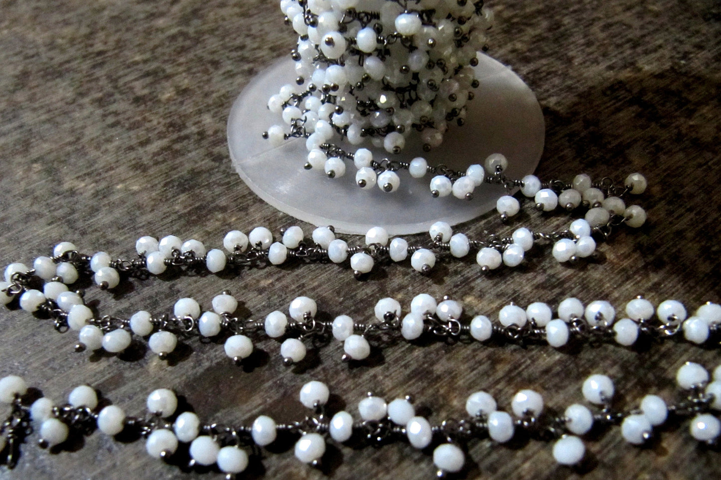 White Chalcedony Rondelle Faceted Beaded Dangling Thick  Chain 3mm Size White Hydro Quartz Bead Rosary Chain Wholesale Prices sold per foot