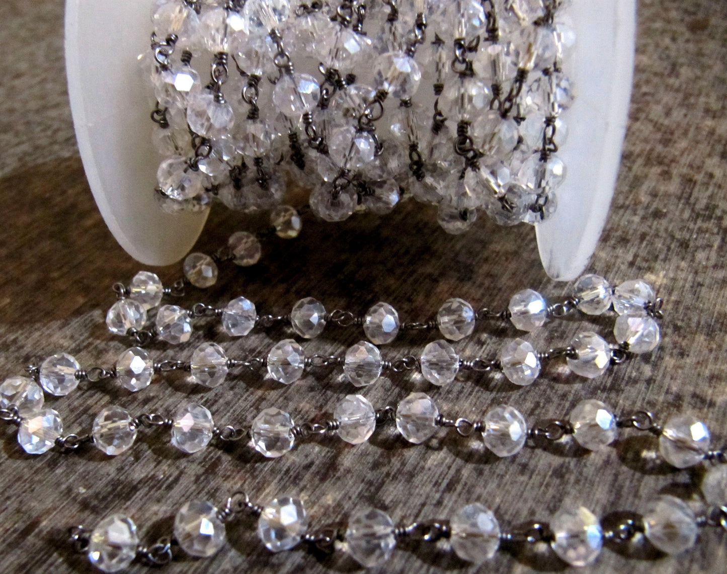 3 Feet- Crystal Quartz  Mystic Coated Beaded Rosary Chain Rondelle Faceted  6mm Clear Quartz Beads Chain Wholesale Prices