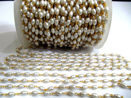 3 Feet Rice Pearl Beaded Rosary Chain 4mmx6mm Faux Pearl Suzni Beads Chain Gold Plated Wholesale Prices Jewelry making gemstone chain