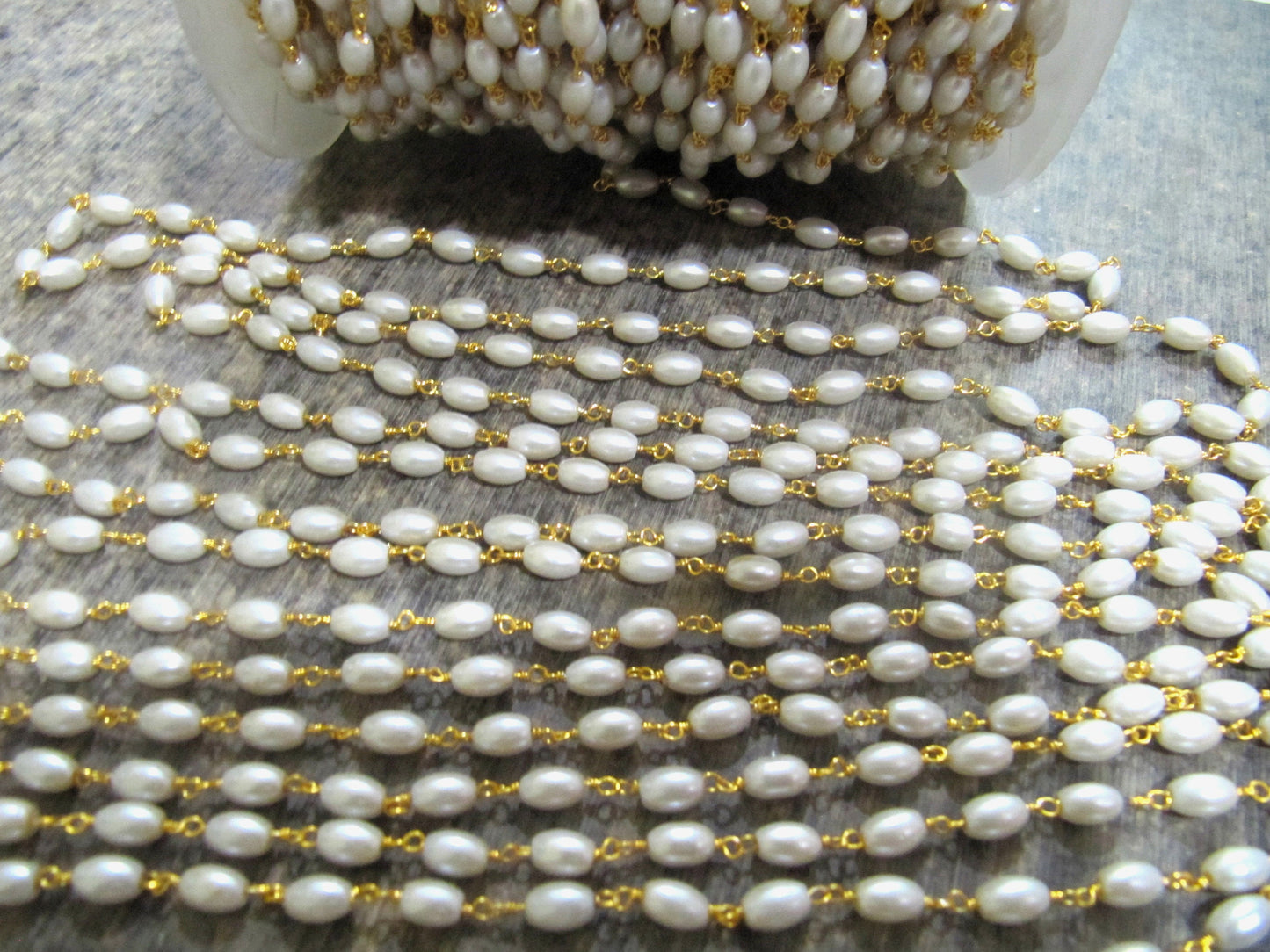 3 Feet Rice Pearl Beaded Rosary Chain 4mmx6mm Faux Pearl Suzni Beads Chain Gold Plated Wholesale Prices Jewelry making gemstone chain