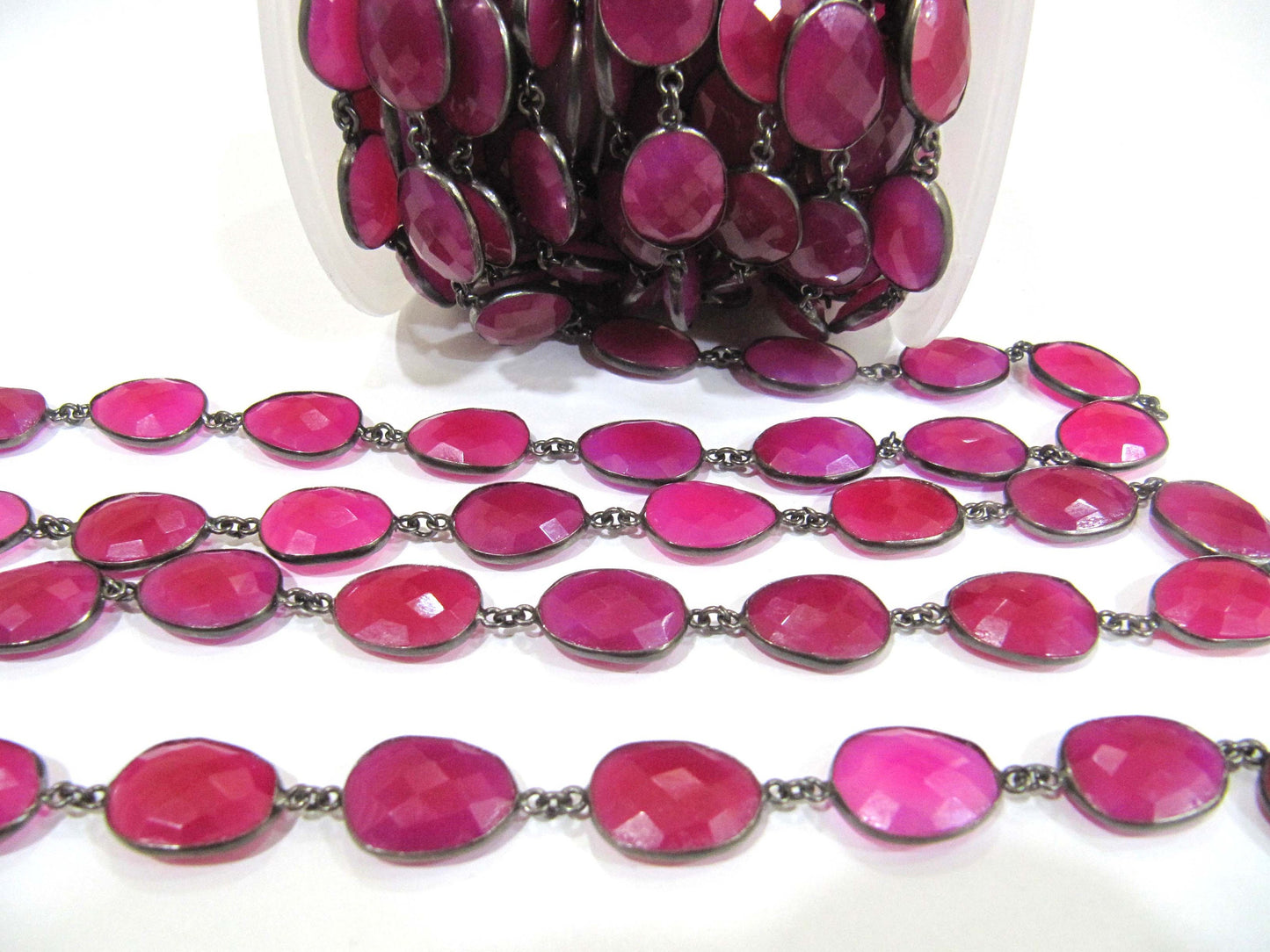 Natural Hot Pink Chalcedony Free Shape Briolette Faceted Bezel Connector Chain 15x20mm Sold Per Foot High Quality Wholesale