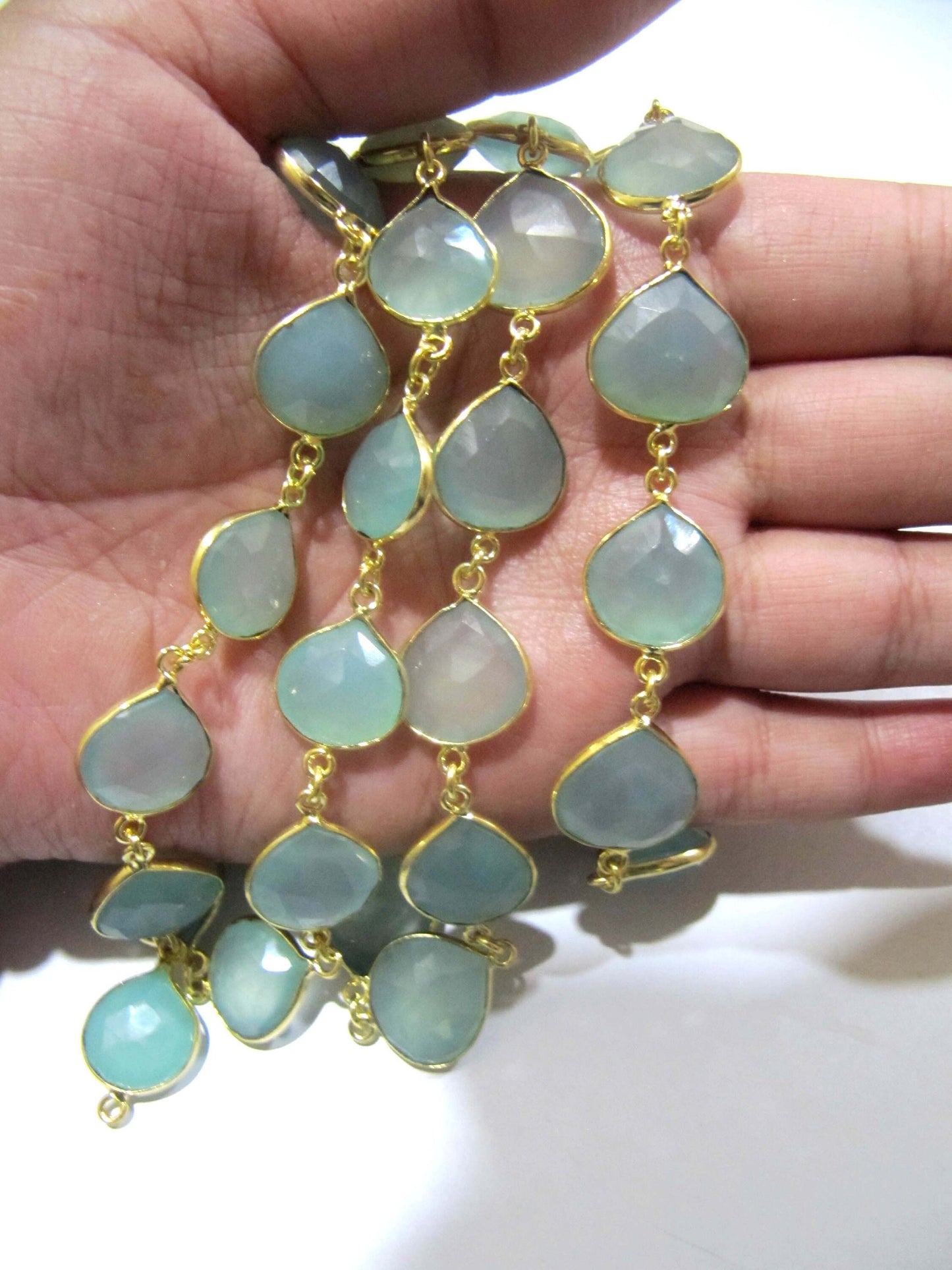 Natural Aqua Chalcedony Briolette Heart Shape 12-14mm Bezel Chain Sold Per Foot Handmade Gemstones Connector Chain