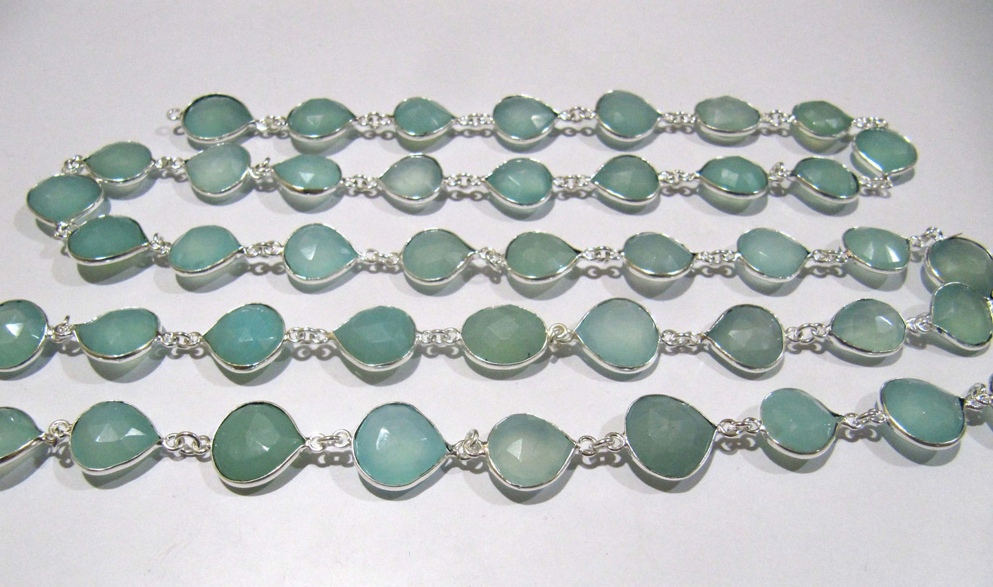 Natural Aqua Chalcedony Briolette Heart Shape 12-14mm Bezel Chain Sold Per Foot Handmade Gemstones Connector Chain