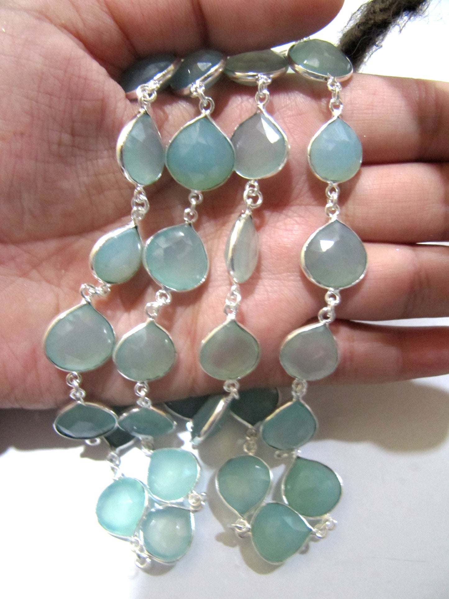 Natural Aqua Chalcedony Briolette Heart Shape 12-14mm Bezel Chain Sold Per Foot Handmade Gemstones Connector Chain