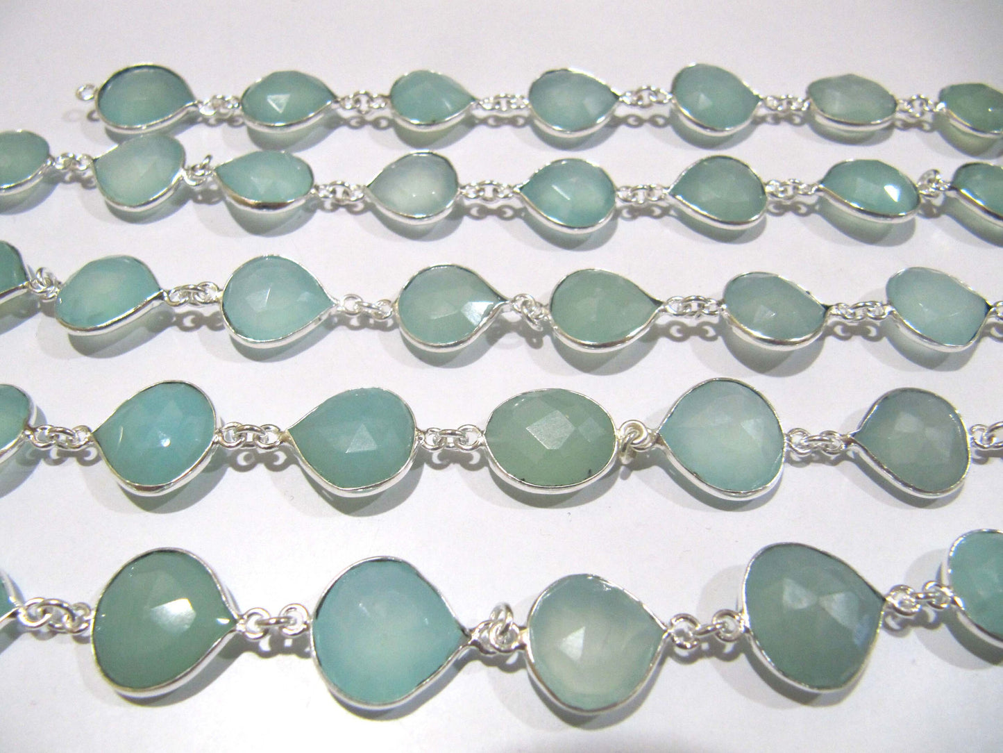 Natural Aqua Chalcedony Briolette Heart Shape 12-14mm Bezel Chain Sold Per Foot Handmade Gemstones Connector Chain