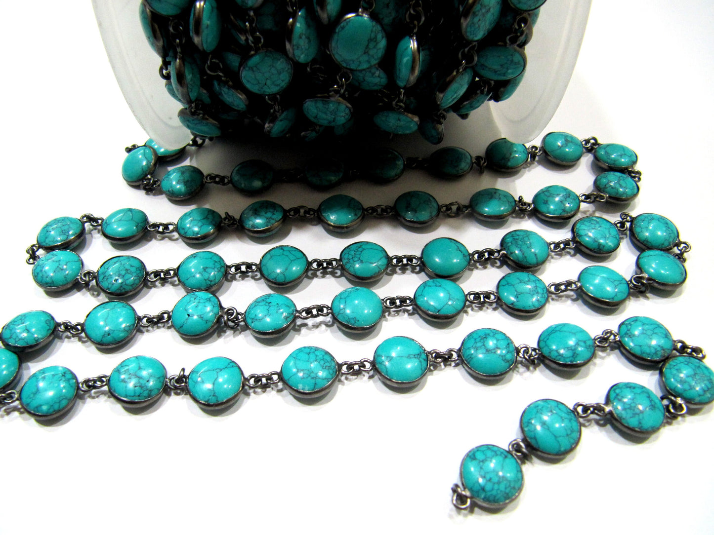 Turquoise Round Plain Smooth 10mm Coin Shape Bezel Connecter Gemstone Handmade Chain Sold Per Foot Oxidized Black Plated