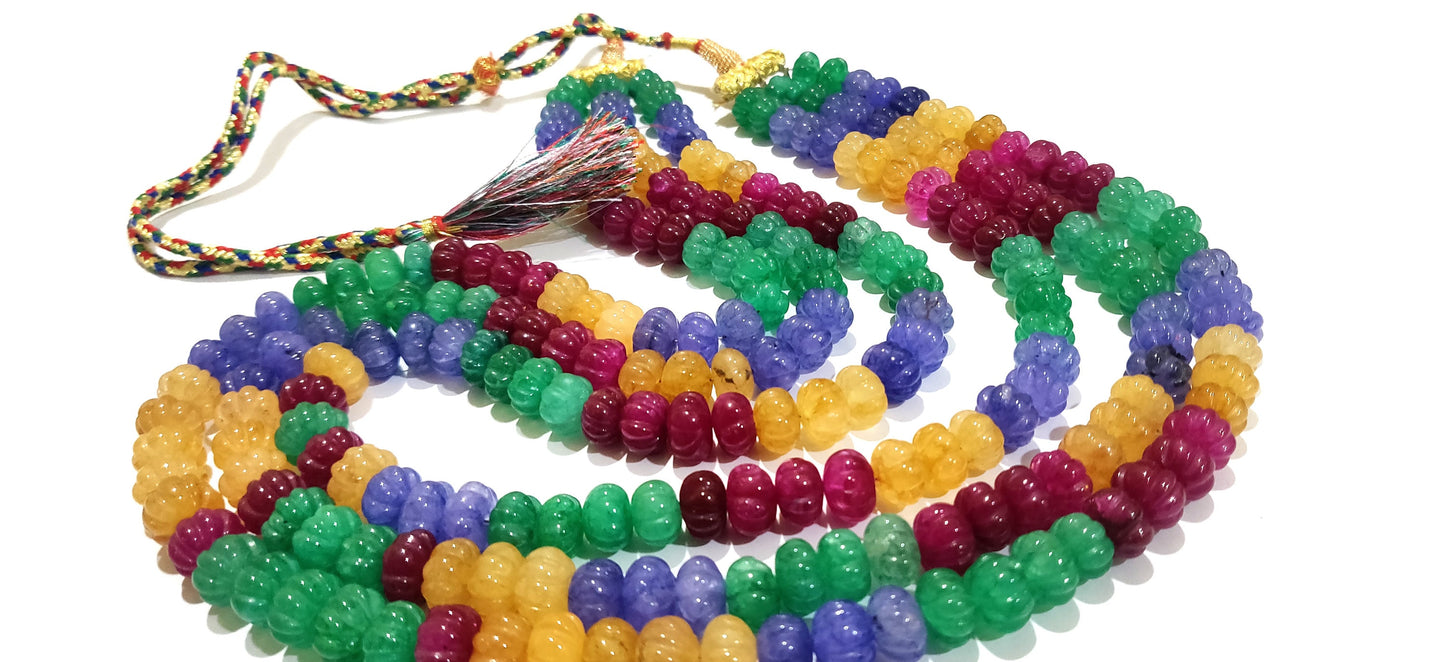 Multi Color Hand carved Watermelon Beads Three Layered Necklace  24 Inches long 3 Layered Beaded Necklace Jewellery