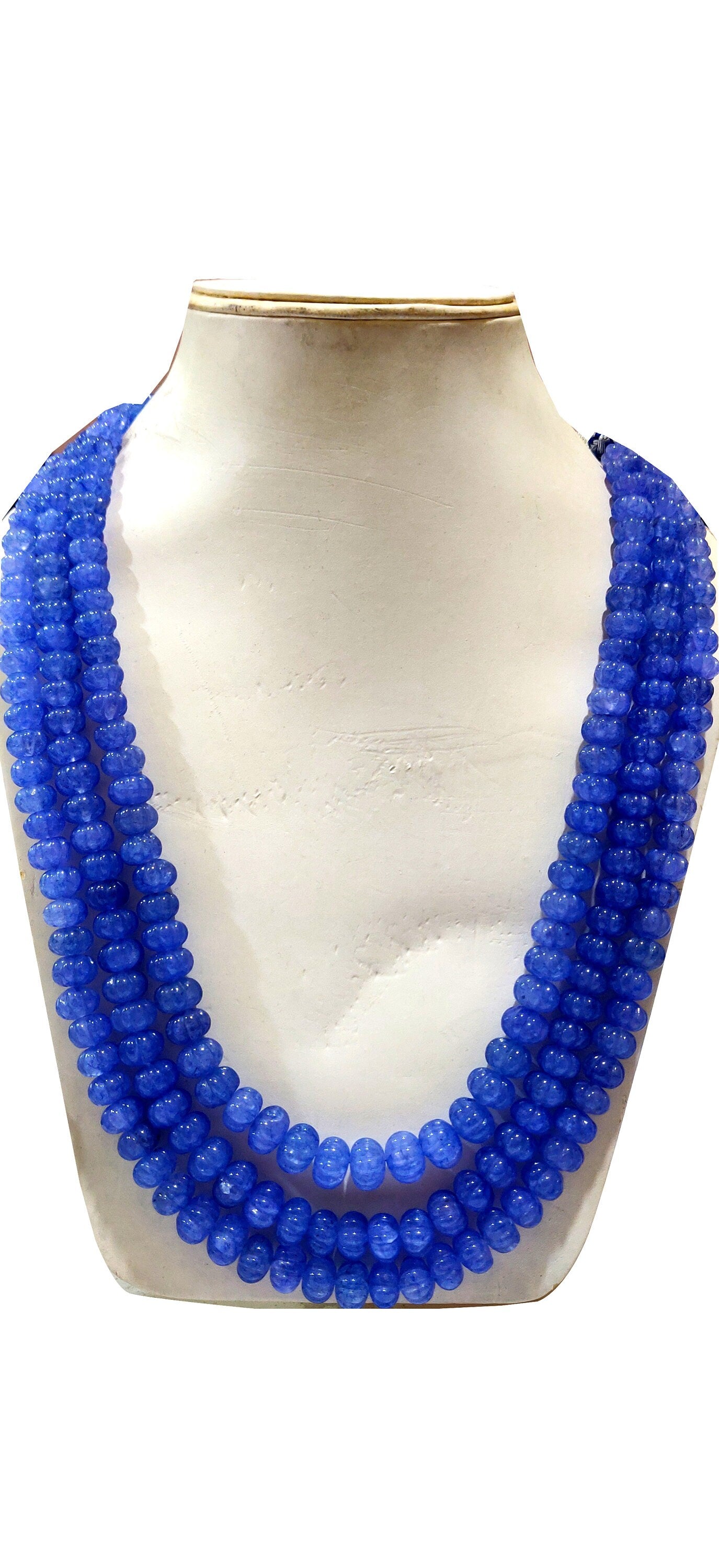 Tanzanite Hand carved Beads Three Layered Beaded Necklace 24 Inch Long multi stranded Blue Necklace Jewellery