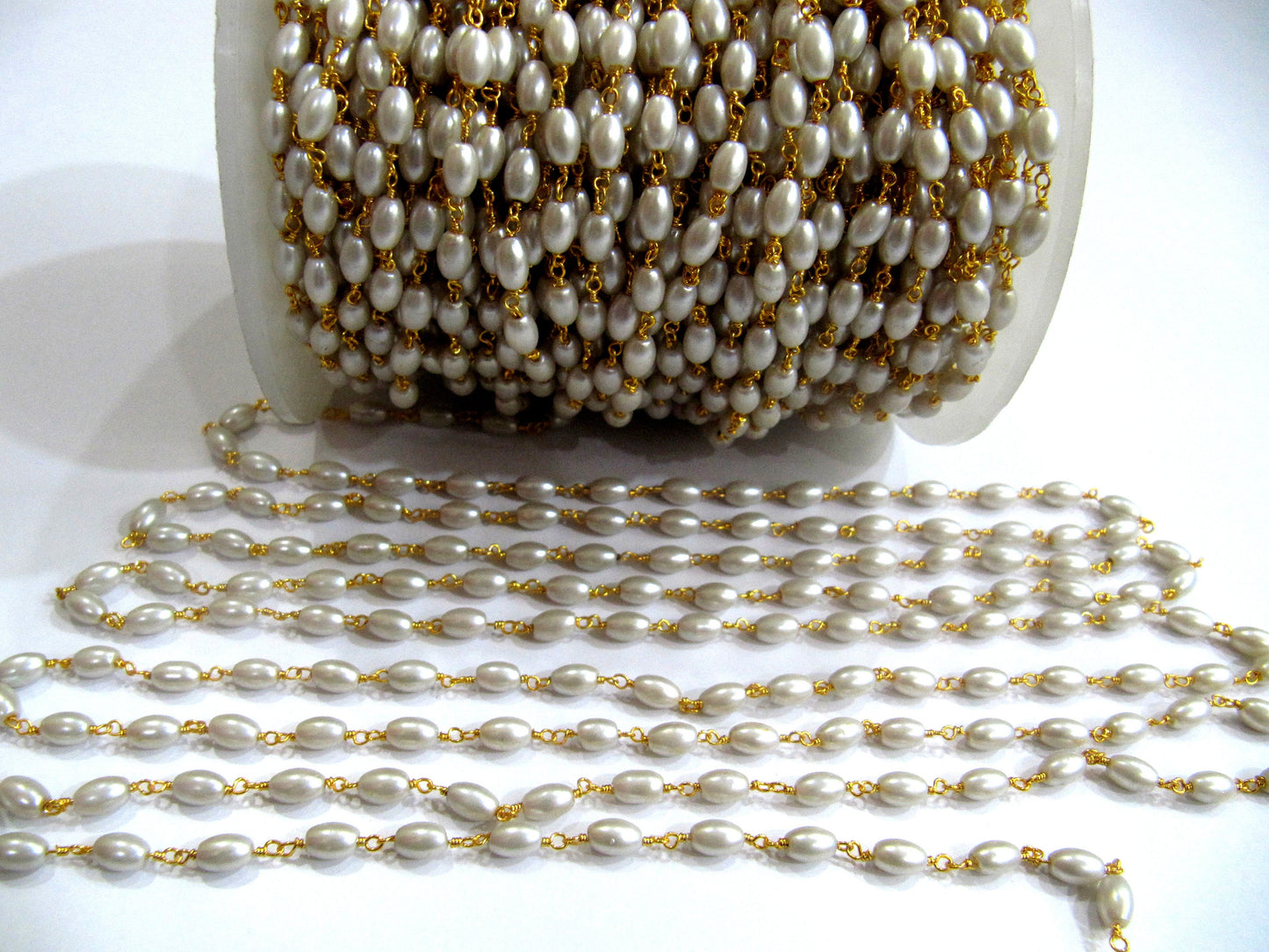 3 Feet Rice Pearl Beaded Rosary Chain 4mmx6mm Faux Pearl Suzni Beads Chain Gold Plated Wholesale Prices Jewelry making gemstone chain