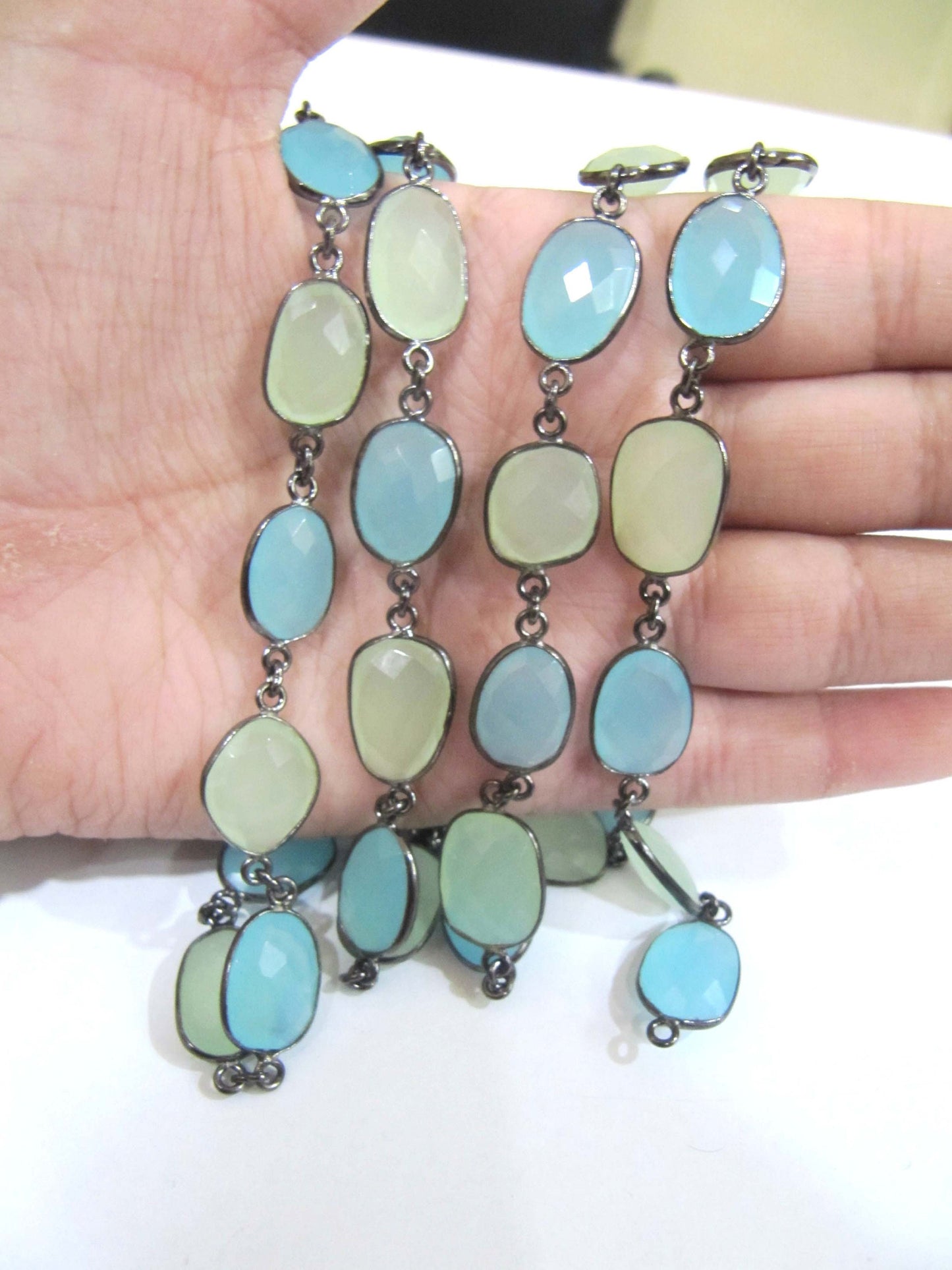 Multi color Green and Aqua Chalcedony free Shape Briolette 10 to 15mm  Bezel Connector Chain Sold Per Foot choose the plating color