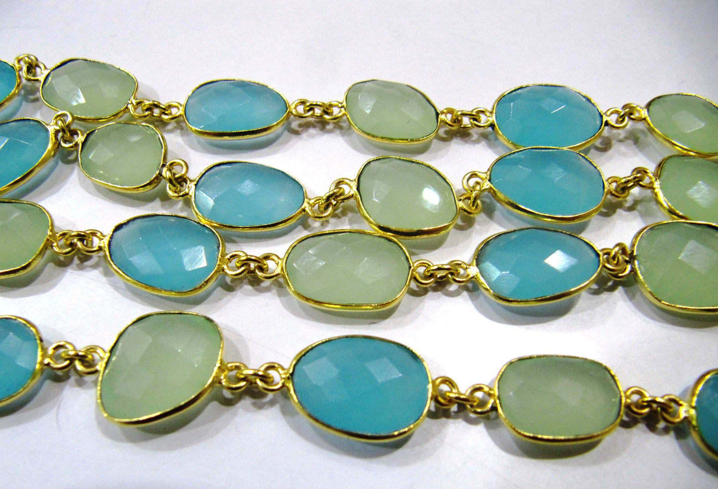 Multi color Green and Aqua Chalcedony free Shape Briolette 10 to 15mm  Bezel Connector Chain Sold Per Foot choose the plating color