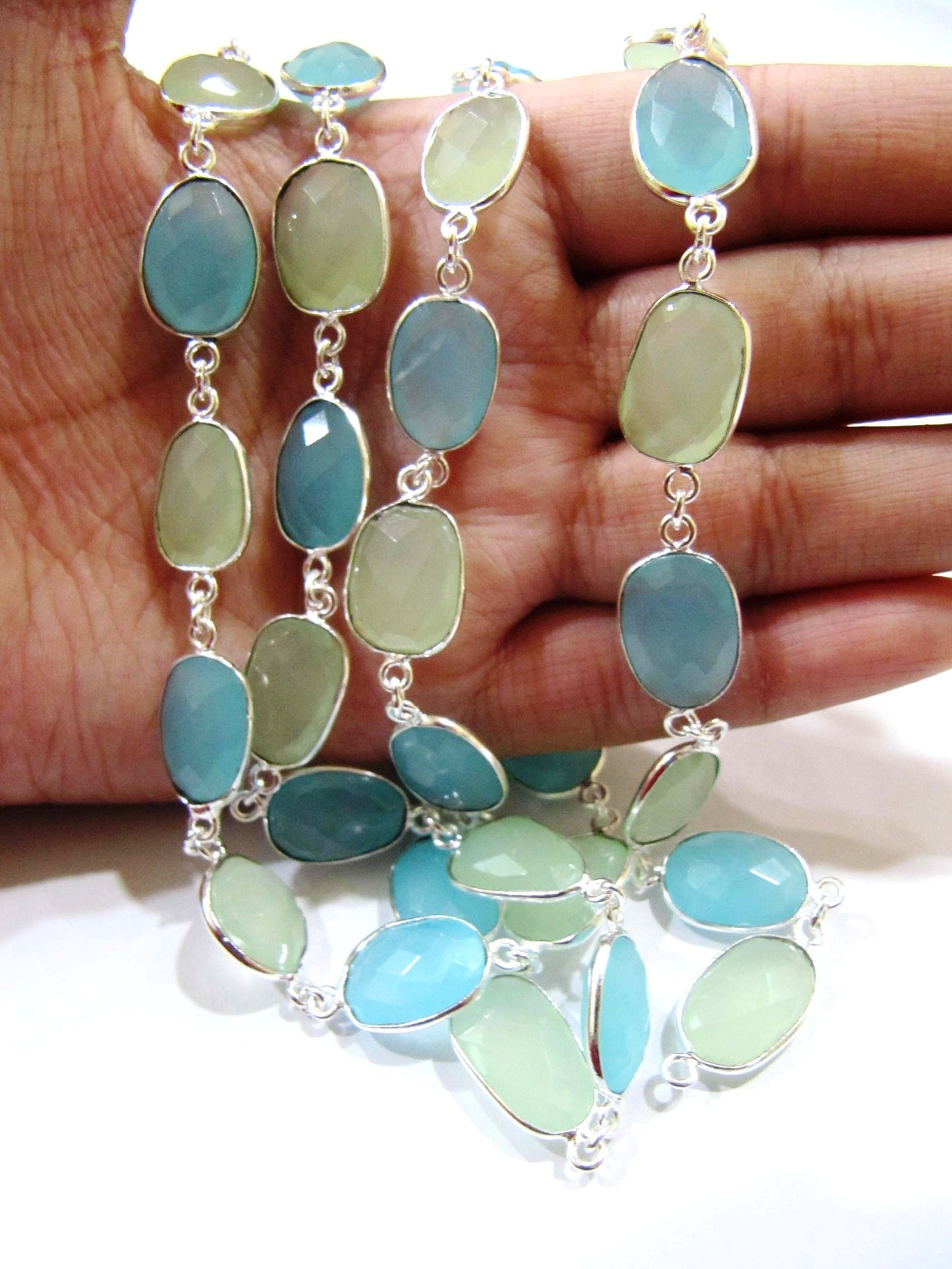 Multi color Green and Aqua Chalcedony free Shape Briolette 10 to 15mm  Bezel Connector Chain Sold Per Foot choose the plating color