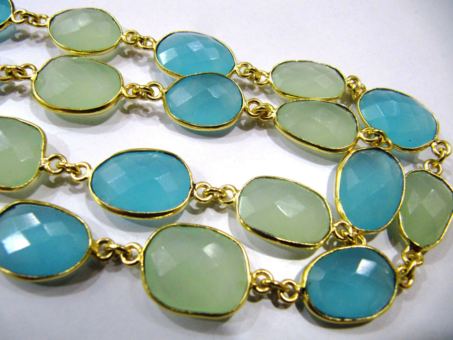 Multi color Green and Aqua Chalcedony free Shape Briolette 10 to 15mm  Bezel Connector Chain Sold Per Foot choose the plating color