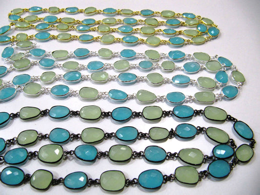 Multi color Green and Aqua Chalcedony free Shape Briolette 10 to 15mm  Bezel Connector Chain Sold Per Foot choose the plating color