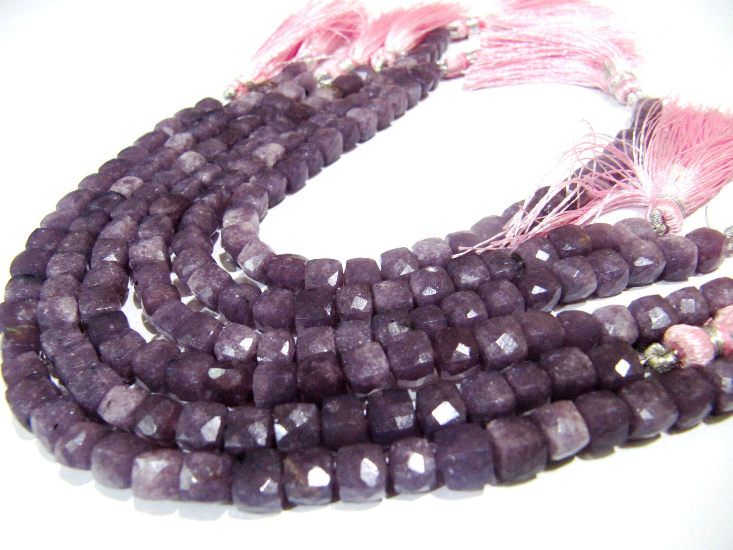 Natural Lepidolite 3D cube shape Briolette 6mm to 8mm beads sold per strand 8 inches long Box Shape Gemstone Untreated Beads