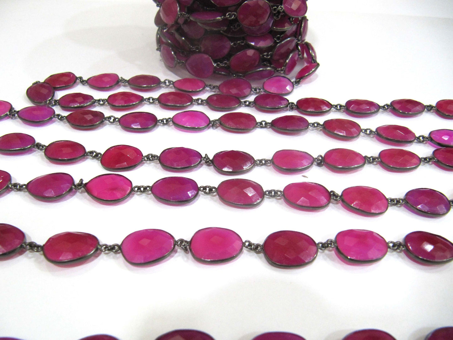 Natural Hot Pink Chalcedony Free Shape Briolette Faceted Bezel Connector Chain 15x20mm Sold Per Foot High Quality Wholesale