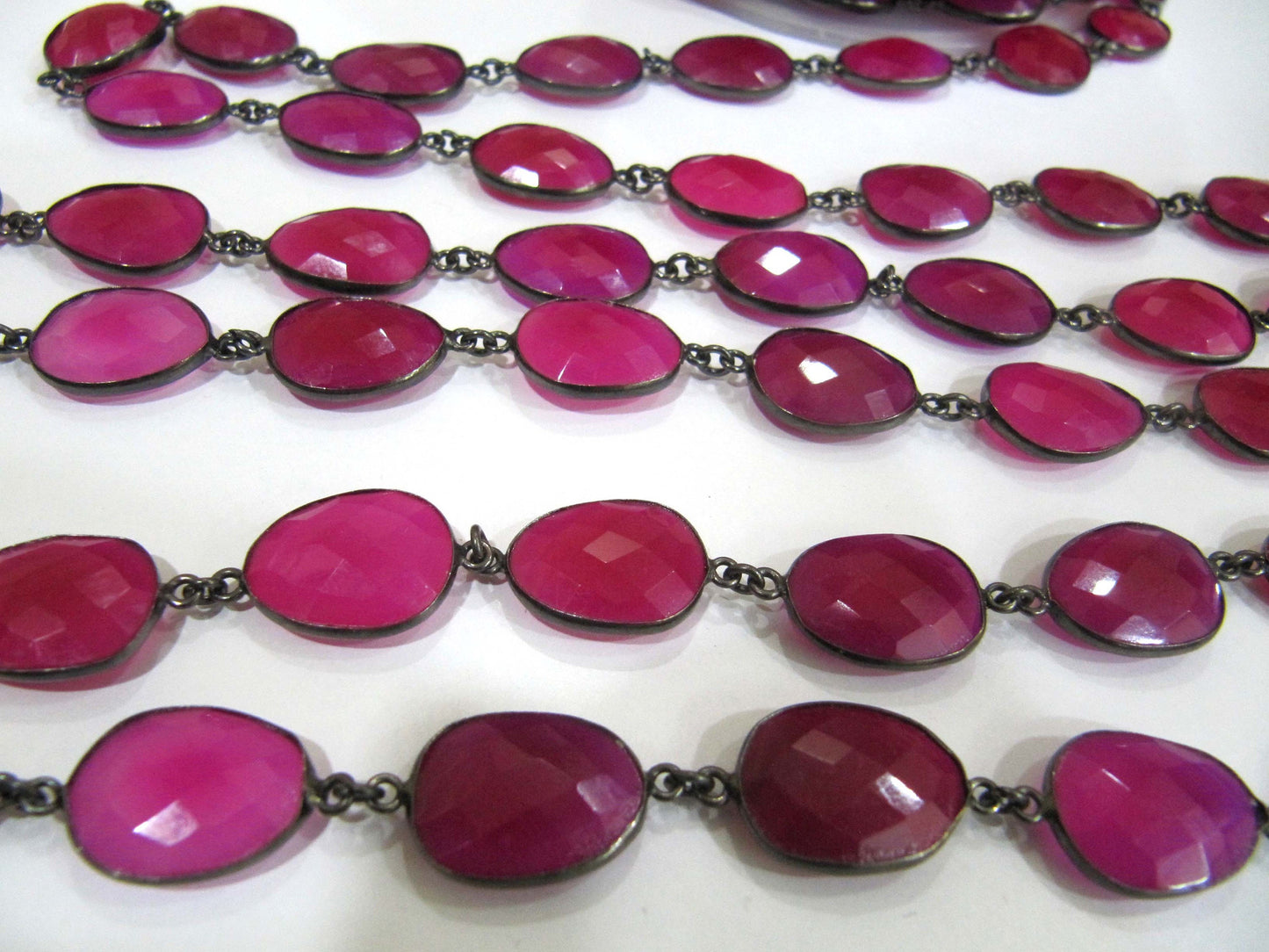 Natural Hot Pink Chalcedony Free Shape Briolette Faceted Bezel Connector Chain 15x20mm Sold Per Foot High Quality Wholesale