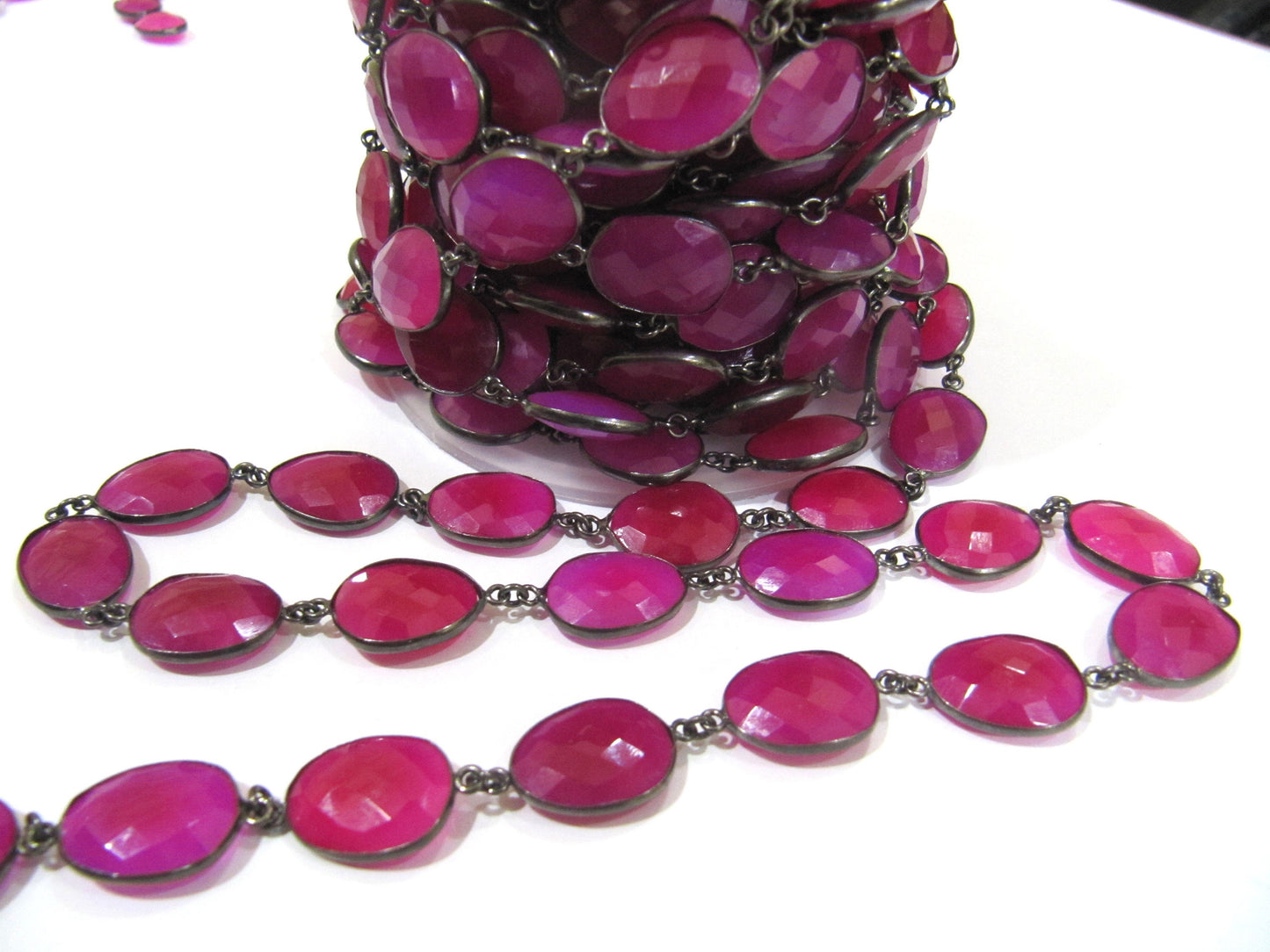 Natural Hot Pink Chalcedony Free Shape Briolette Faceted Bezel Connector Chain 15x20mm Sold Per Foot High Quality Wholesale