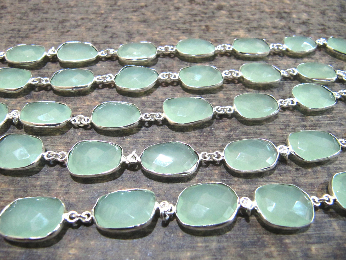 Aqua color Chalcedony free Shape Briolette 10 to 15mm  Bezel Connector Chain Sold Per Foot choose the plating color