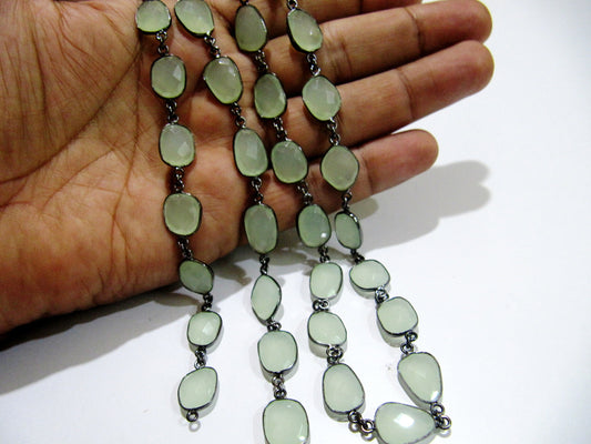 Aqua color Chalcedony free Shape Briolette 10 to 15mm  Bezel Connector Chain Sold Per Foot choose the plating color