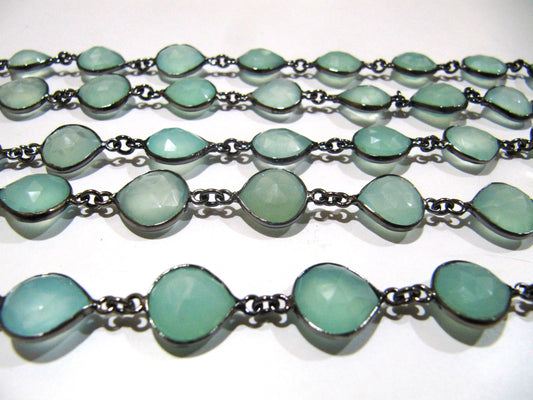 Natural Aqua Chalcedony Briolette Heart Shape 12-14mm Bezel Chain Sold Per Foot Handmade Gemstones Connector Chain