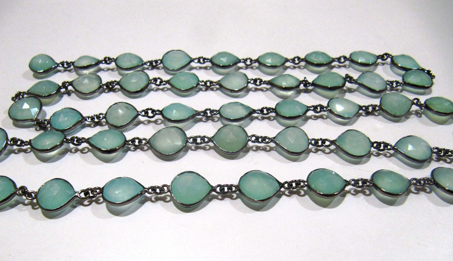 Natural Aqua Chalcedony Briolette Heart Shape 12-14mm Bezel Chain Sold Per Foot Handmade Gemstones Connector Chain