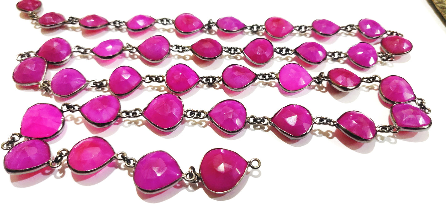 Natural hot Pink chalcedony Heart shape Briolette 10to13mm Bezel connector Chain 30 inches Long Black Oxidized