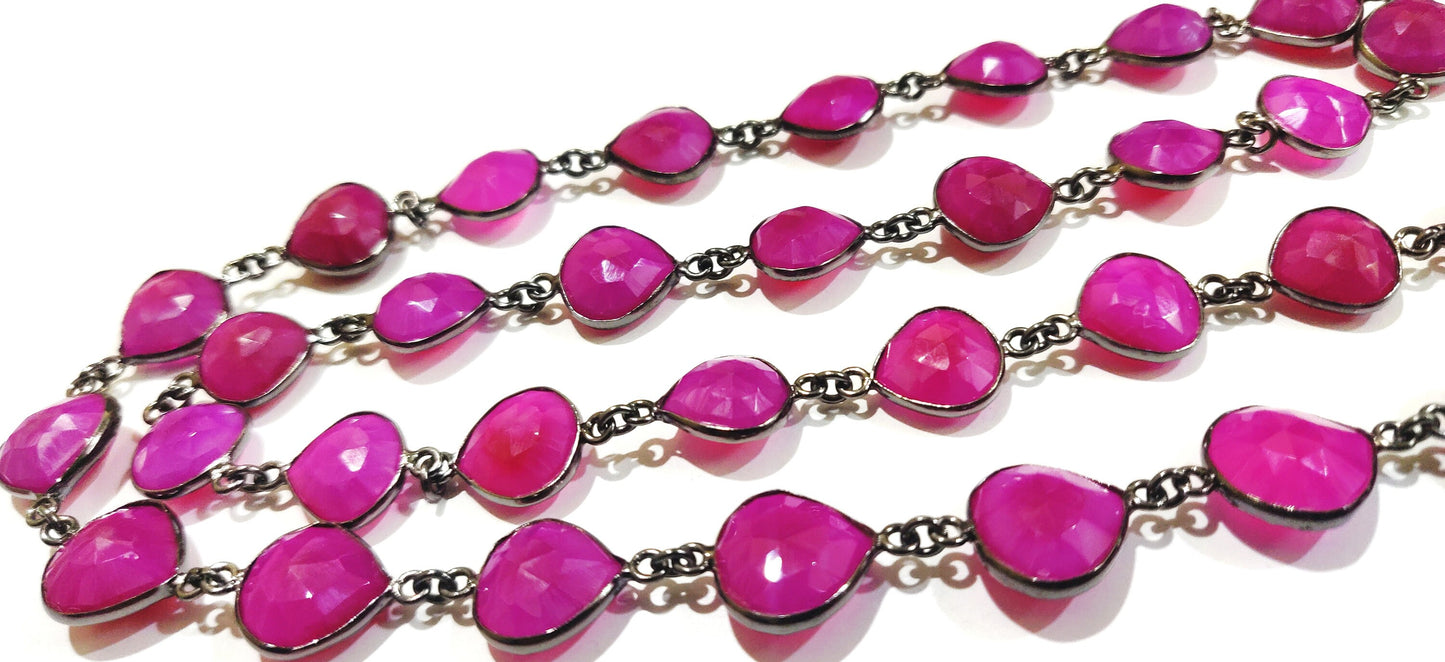 Natural hot Pink chalcedony Heart shape Briolette 10to13mm Bezel connector Chain 30 inches Long Black Oxidized