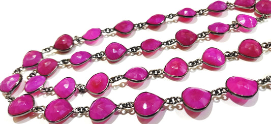 Natural hot Pink chalcedony Heart shape Briolette 10to13mm Bezel connector Chain 30 inches Long Black Oxidized