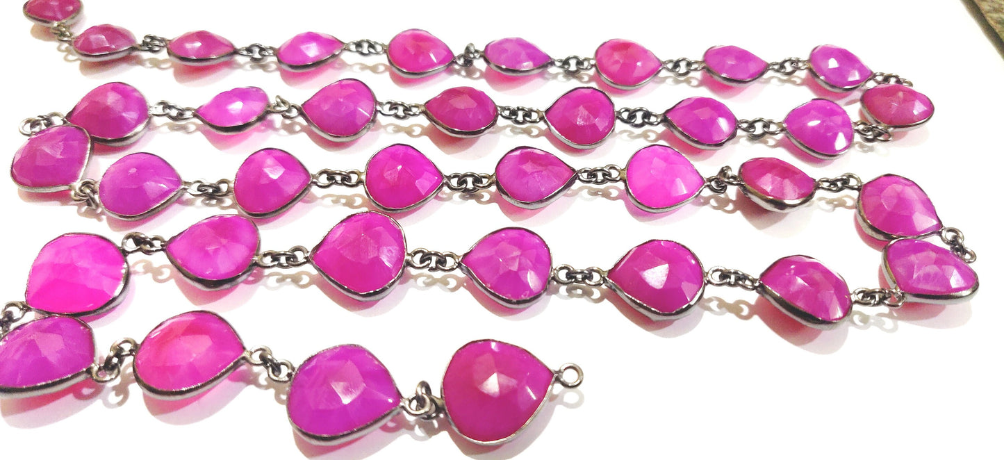 Natural hot Pink chalcedony Heart shape Briolette 10to13mm Bezel connector Chain 30 inches Long Black Oxidized