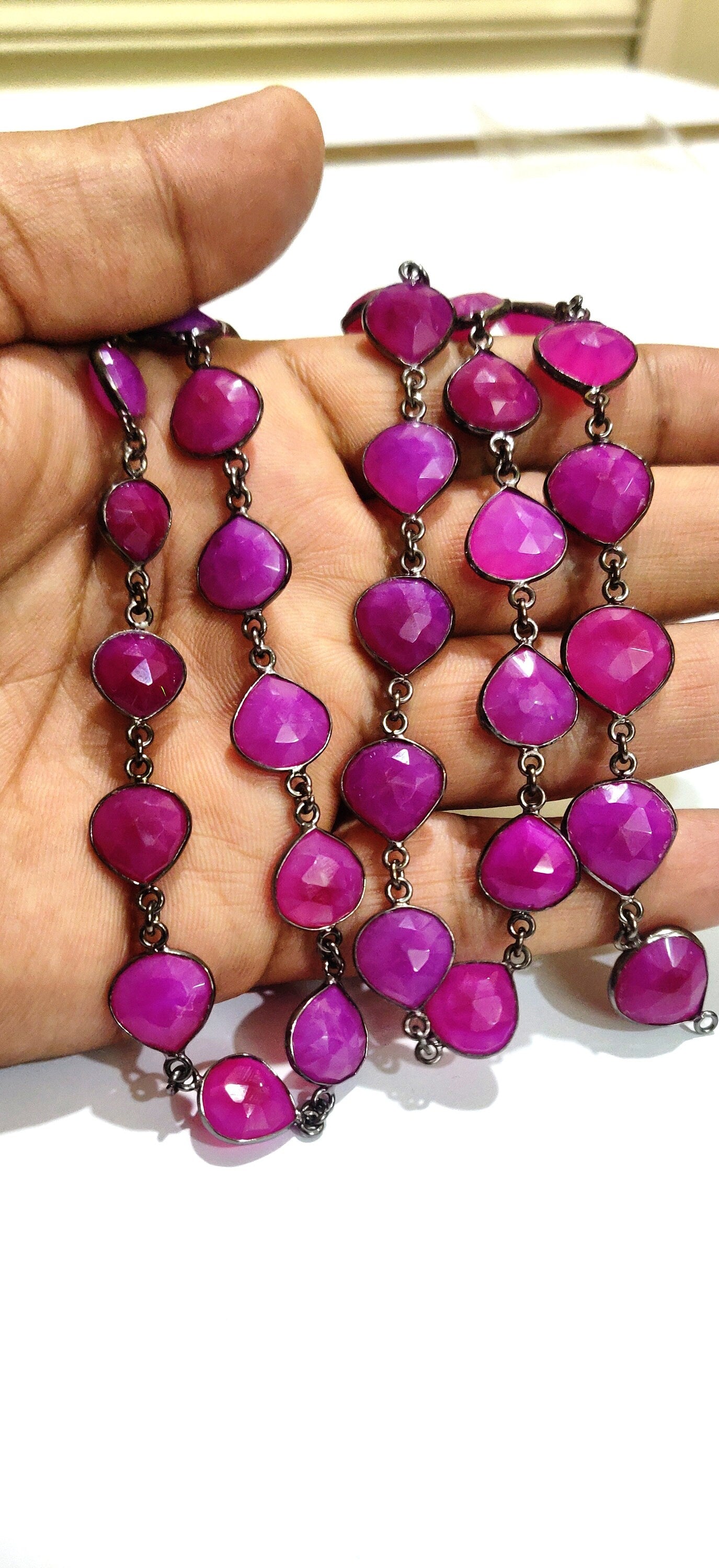 Natural hot Pink chalcedony Heart shape Briolette 10to13mm Bezel connector Chain 30 inches Long Black Oxidized