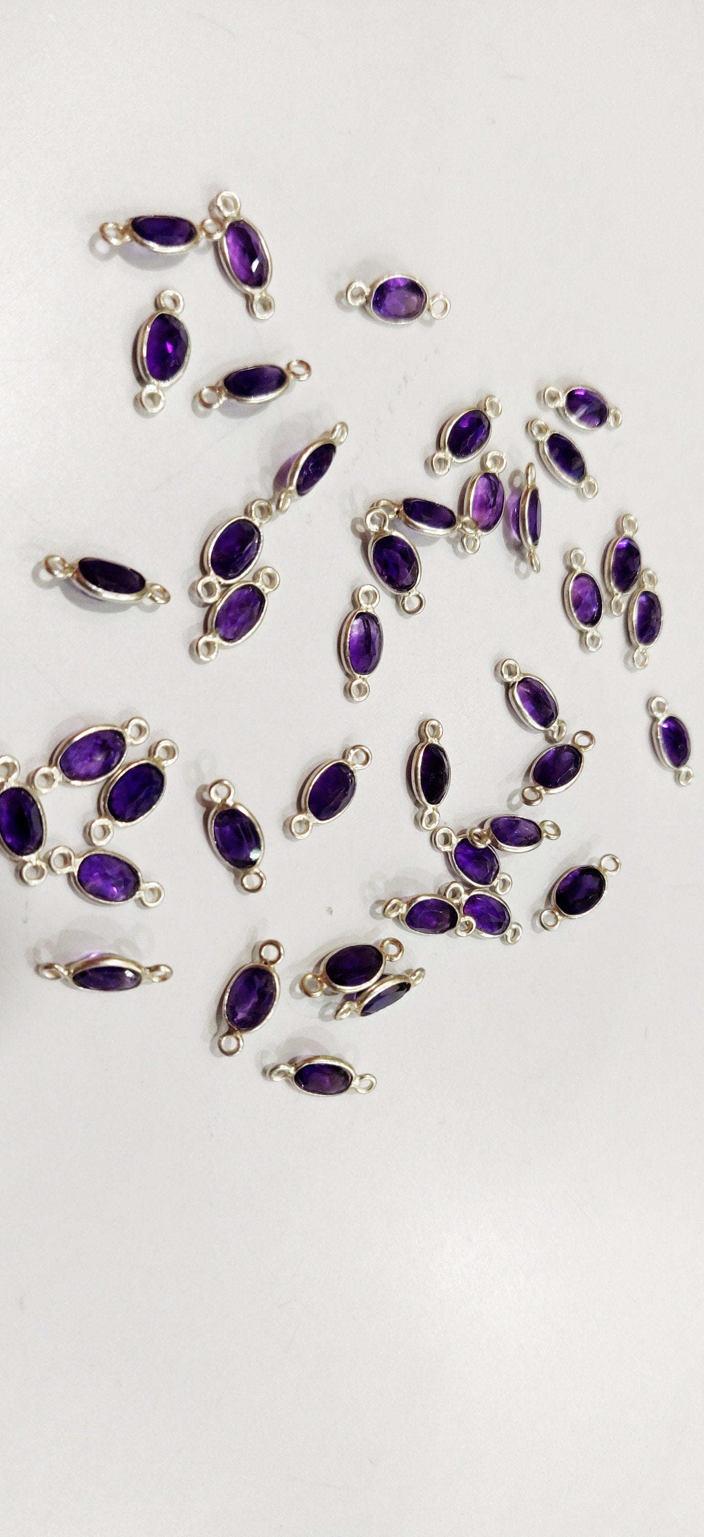 925 Sterling Silver Charms Natural Amethyst gemstone Oval shape Briolette Bezel Connector Double Loop Sold Per Piece