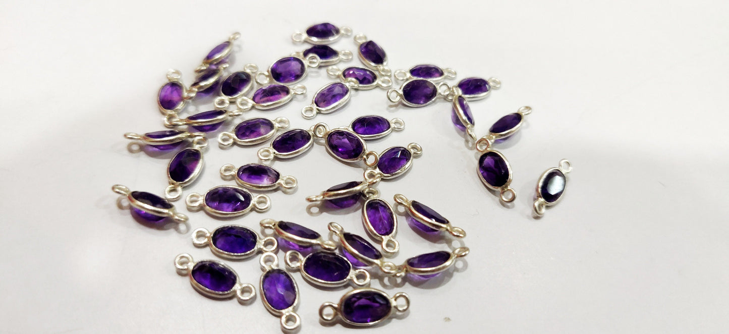 925 Sterling Silver Charms Natural Amethyst gemstone Oval shape Briolette Bezel Connector Double Loop Sold Per Piece